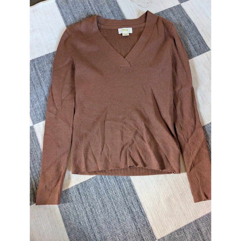 Maeve Anthropologie Brown Metallic Ribbed V-Neck Knit Sweater XS Long Sleeve